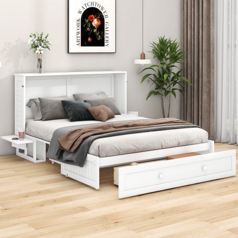 Lit escamotable 140 x 200 cm avec tiroir, tablette latérale - Blanc - Sans matelas (1/5)