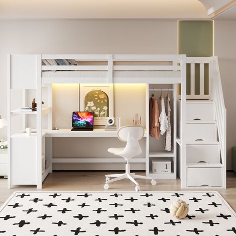 Cama alta 90x200 cm blanco y madera, MDF con armario y escritorio (1/5)