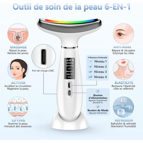 Dispositivo antirughe per il viso, dispositivo di bellezza a 6 modalità, temperatura di 45°C per massaggio facciale, per anti-invecchiamento, lifting e rassodamento della pelle flaccida (modalità LED  (1/4)