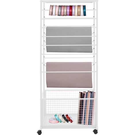 Présentoir à rubans 16 niveaux double face, 67x32x150 cm. Roulettes freinées, barres réglables, panier inférieur. Idéal pour rubans, tissus, papiers cadeau. blanc. (1/5)