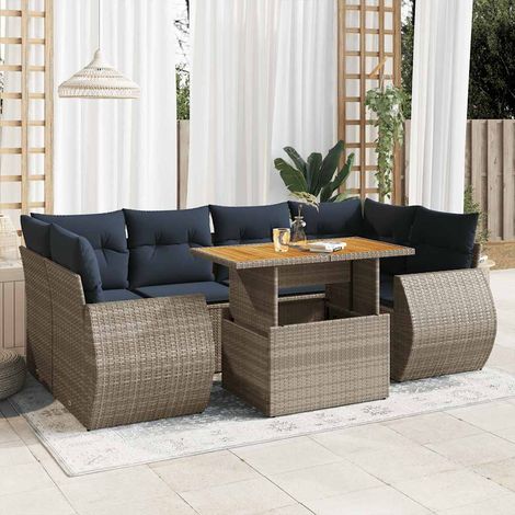 Set de sofás de jardín 7 pzas con cojines ratán sintético gris vidaXL (1/5)