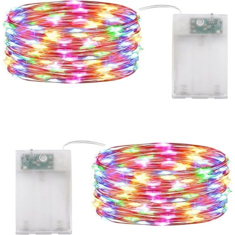 Guirnalda de luces LED navideñas multicolor, paquete de 2, 10 m, 100 LED, funciona con pilas, ideal para dormitorio, Navidad, bodas, fiestas, hogar y jardín. (1/5)