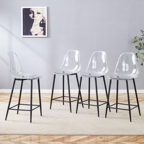Lot 4 tabourets de bar transparents, structure métal argenté/doré/noir, design moderne, cuisine bar restaurant, chaises seules (1/5)