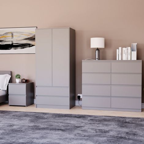 3 Piece Denver Bedroom Set, 2 Drawer Large Bedside Chest, 8 Drawer Chest, 2 Door 2 Drawer Wardrobe, Grey (1/3)