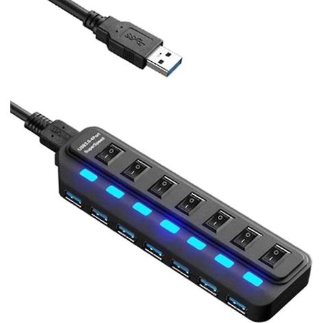 Hub USB 7 ports, hub de données USB 3.0, répartiteur USB, adaptateur secteur, interrupteur marche/arrêt