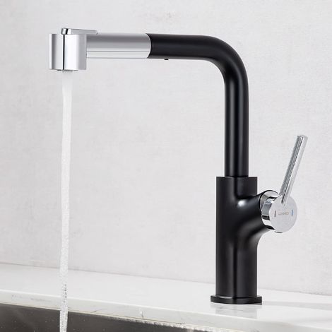 QAZQA Robinet Cuisine Douchette Extractible, Lonheo Mitigeur Cuisine avec Pipe PEX de Qualité Alimentaire, Robinetterie Evier Rotatif à 360°, 2 Modes de Pulvérisation, pour Cuisine,Bar, Camping (Noir) (1/5)