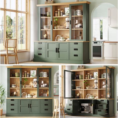 Buffet haut 185 cm vert foncé, vitrine, 6 tiroirs, 2 portes et anti-basculement, usage quotidien (1/5)