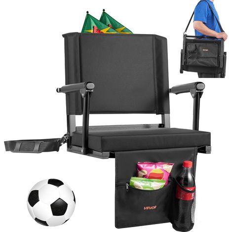 VEVOR Sedia da Stadio Portatile con Schienale e Braccioli Sedile a Pavimento per Eventi Sportivi, Cuscino da Stadio Realizzata in Tessuto Oxford 600D Larghezza Totale 474,98 mm, Nera (1/5)