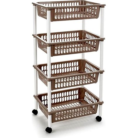 Tradineur PLFT Chariot à légumes en plastique avec 4 niveaux et roues, paniers empilables pour fruits, légumes, cuisine, salle de bain (marron taupe) 85 x 40 x 30 cm (1/4)