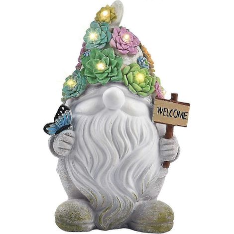 Statue de nain de jardin solaire avec 10 lumières LED blanc chaud, résine résistante aux intempéries, allumage/extinction automatique, cadeau de décoration extérieure (1/5)