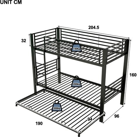 Lit superposé 90x200 certifié EN 747, lit gigogne en métal noir avec barrière de sécurité et échelle, couchage compact pour 3 enfants ou frères et sœurs (1/5)