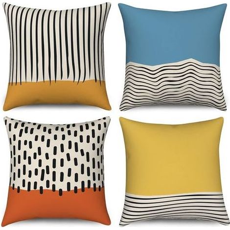 Lot de Housse de coussin Boho 45x45 Set de , Mid Century Abstrait Moderne Géométrique Décoratif Housses de coussins Bleu Jaune Brûlé Orange Housse de coussin en lin pour canapé Lit Jardin Home Decor