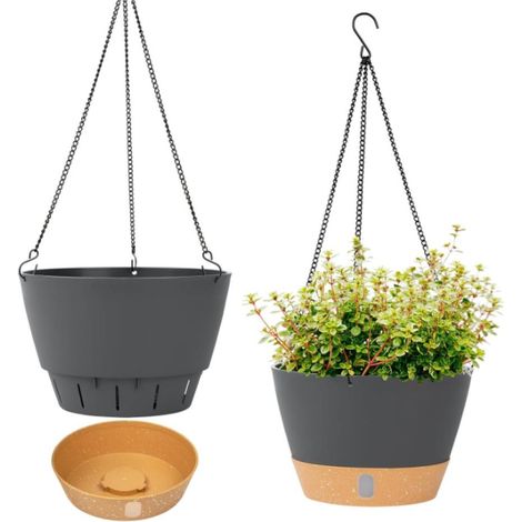 20 cm Gris,Lot de 2 Pots de Fleurs à Suspendre pour intérieur et extérieur avec Trou de Drainage et Crochets (1/5)