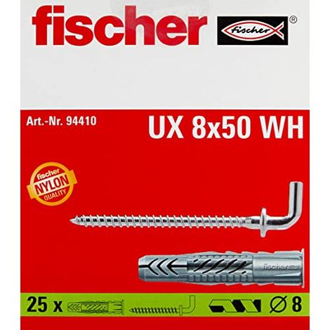 Fischer 25x tassello universale UX 8 x 50 WH con bordo e gancio ad angolo - 94410 (1/4)