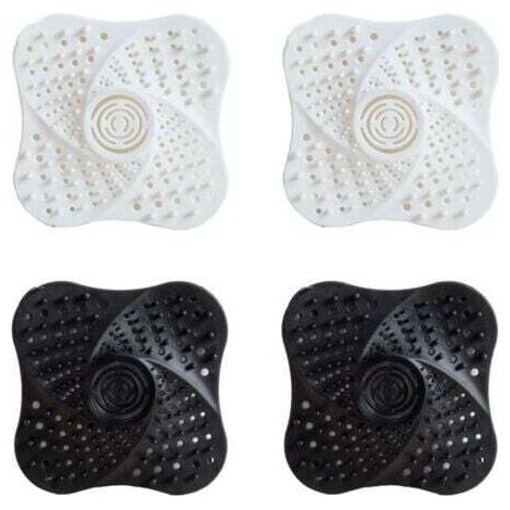 Set mit 4 weißen und schwarzen Silikon-Bodenablaufstopfen zur Geruchsvermeidung, Haarfilter für Duschen, Abfluss- und Waschbeckenstopfen