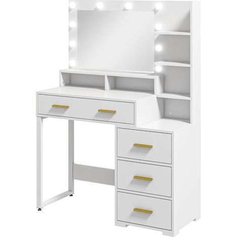 HOMCOM Tavolo Toeletta 4 Cassetti 6 Ripiani Aperti e Specchio in Legno Bianco