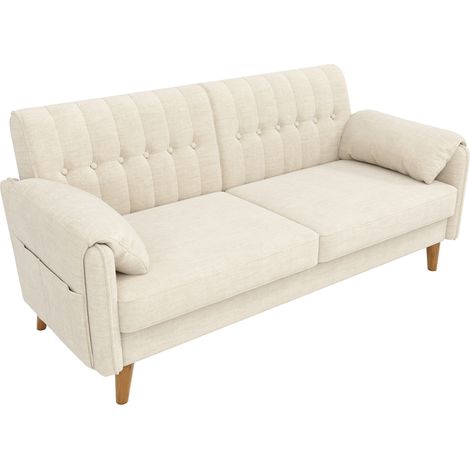 Sofá 2 plazas de chenilla beige con cojines de brazo y bolsillos laterales 161,5 x 79 x 83,5 cm (1/5)