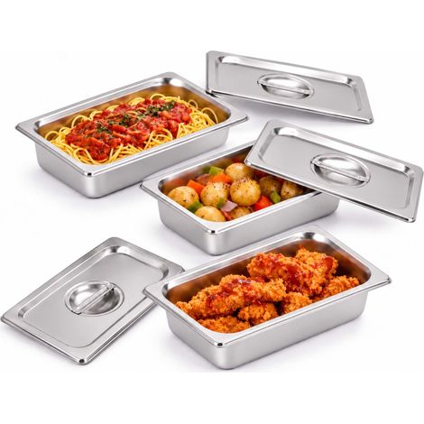 Relaxdays Bacs gastro, lot de 3, inox, GN 1/4, avec couvercle, H x L x P : 6,5 x 26,5 x 16,2 cm, cuisine, argentés