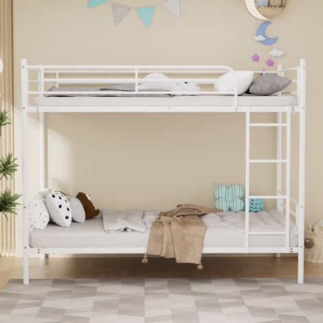 90x190cm großes Etagenbett, Hochbett mit Metalltreppe und hohem Geländer, Etagenbett mit Kletterleiter, Etagenbett mit Eisenrahmen und Absturzsicherung, Weiß (1/5)