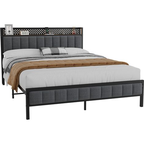 Metallbett mit Stauraum und gepolstertem Kopfteil, 140 x 200 cm, Schwarz (1/5)