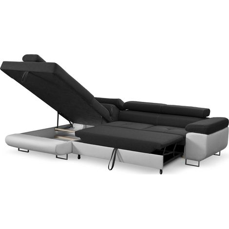 Deco In Paris – Canapé d'angle convertible noir et blanc – Méridienne gauche – Coffre de rangement intégré – Tissu et simili cuir (1/8)