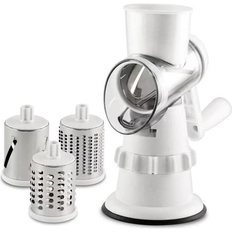 Trancheuse Robot - Râpe, Émince en un Éclair - 3 Lames en Acier Inoxydable Interchangeables - Ventouse Verrouillable - Polyvalence & Précision, Blanc