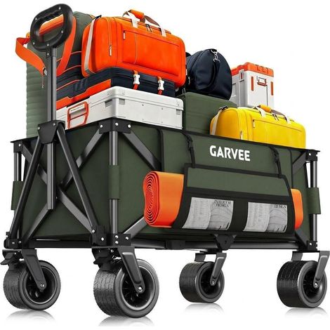 Chariot de jardin pliable 200L Capacité 209 kgs Roues 360° 2 porte-gobelets Poche latérale Tissu Oxford 600D Pour plage, jardin, camping - Vert (1/5)