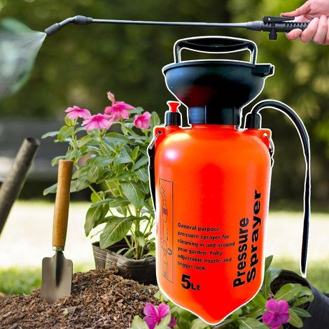 Spruzzatore a pressione da 5 litri con pompa – arancione, bianco e giallo (1/5)