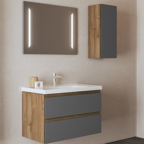 Mobile da bagno sospeso 82 cm Noce con lavabo e specchio LED - GRACE4 (1/3)