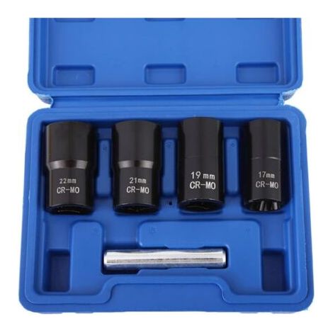 1/2” Drive Impact Bolt Nut Extractor Set, 5pcs Locking Wheel Lug Nut Remover Kit 17mm 19mm 21mm 22mm Twist Socket Tool Set Including a Punch Rod (1/5)