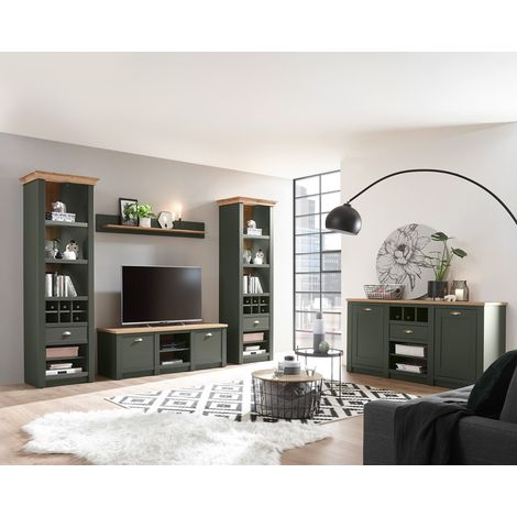 Landhaus Wohnwand mit Sideboard CINCINNATI-61 in grün mit Wotan Eiche, mit Beleuchtung, B/H/T: 328/207/45cm (1/5)