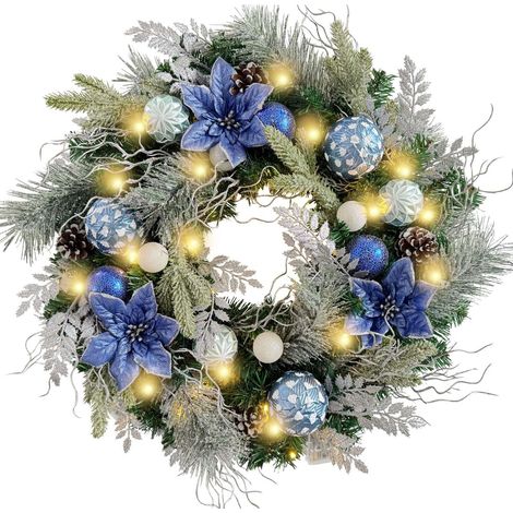 18" beleuchteter Weihnachtskranz für die Haustür. Silberblaue beleuchtete Weihnachtstürdekoration mit Kugeln, Weihnachtssternen und Tannenzapfen