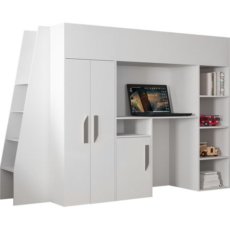 Litera Hartford 355, Blanco + Blanco brillante + Gris, Individuales, 90x200, Aglomerado laminado, Somieres, 94x230x165cm (1/4)
