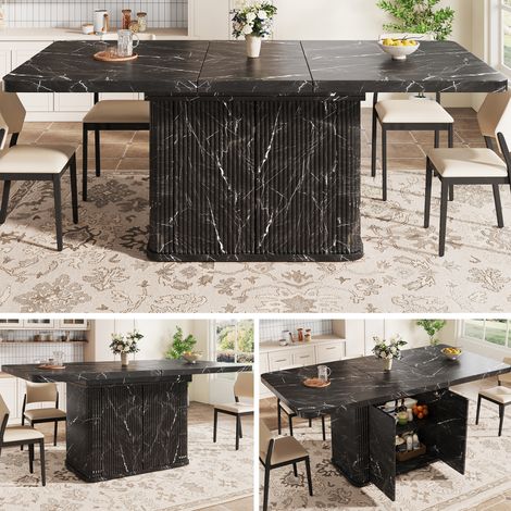 Table de salle à manger multifonctionnelle avec rangement dissimulé, plateau extensible, design à rayures verticales en relief, 140-180 cm, aspect marbre noir (1/5)