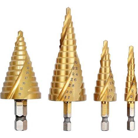 HSS-Titan-Stufenbohrer-Set, 4-teilig, konisch [5–35 mm, 4–12/20/32 mm], spiralförmige Nut, schneller Spanabtransport, stabiles Bohren, gute Wärmeableitung für Metall, Holz und Kunststoff (1/5)