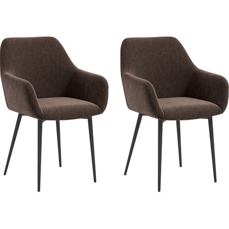 Set 2 Sedie da Pranzo Nordiche Imbottite con Braccioli Ricurvi in Tessuto Effetto Velluto, 54x57x80 cm, Marrone