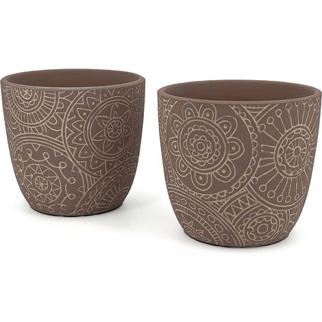 Paire de pots en terre cuite décorés de café  Diamètre 12,5 cm  Pots pour fleurs et plantes d'intérieur et d'extérieur  Porte-pot élégant pour maison, jardin, balcon (1/5)