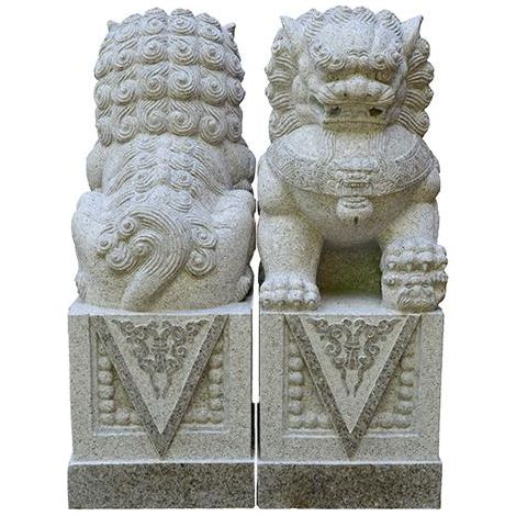 Coppia di leoni cinesi in pietra (granito rosa) scolpiti a mano per giardino zen, 52x38xh100 cm (1/4)