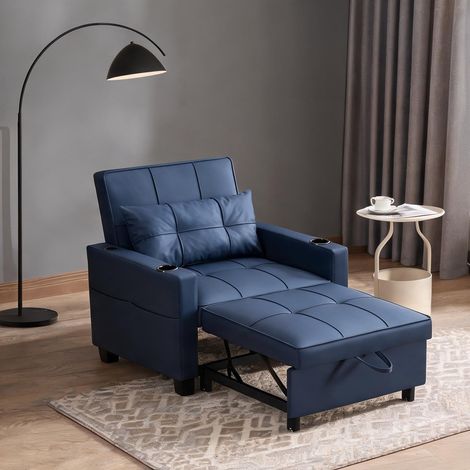 Canapé convertible 3-en-1 bleu en tissu avec porte-gobelets (1/5)
