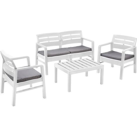 TrAdE Shop Traesio - Set Salotto Da Esterno Arredo Giardino Java Con Tavolino 2 Poltrone Divano Con Cuscini - Bianco