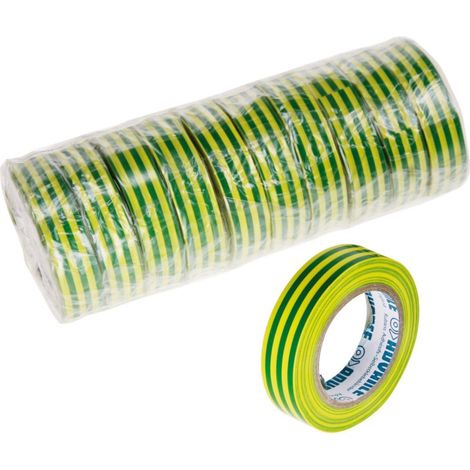 Ruban adhesif isolant - 15 mm x 10 m - Vert et jaune - 10 pieces