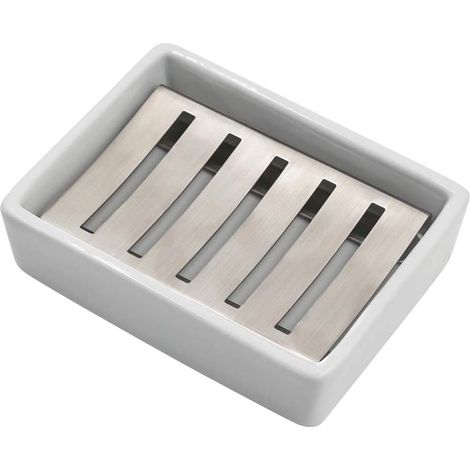 Porte-Savon en Céramique en Acier Inoxydable 304 pour Salle de Bain, Double Couche, Porte-Savon Auto-drainant, Dites Non au Savon Moelleux, Nettoyage Facile (Blanc)