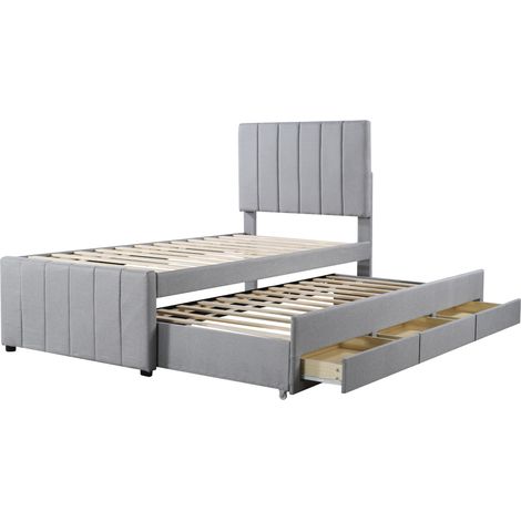 Letto imbottito 90 x 200 cm con letto estraibile e 3 cassetti, grigio (1/5)