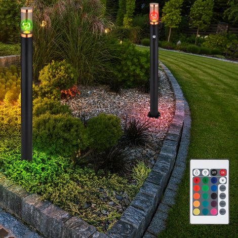 Lampada da terra dimmerabile con telecomando Piantana LED da esterno con rilevatore di movimento giardino acciaio inox fumè rame nero, cambio colore RGB, 8.5W 806lm bianco caldo, PxH 7,6x110 cm, set d