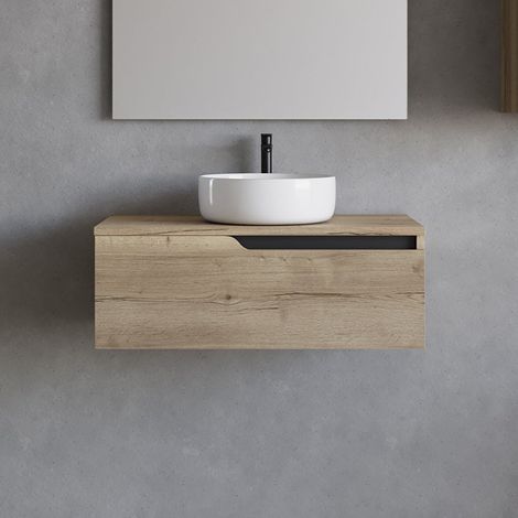 Meuble de salle de bain 80cm avec vasque à poser ronde - sans miroir - 1 tiroir - madera miel (chêne clair) - CADIX (1/5)