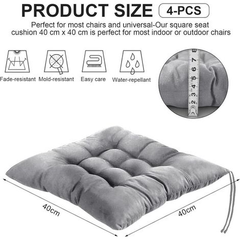 4er-Set bequeme Stuhlkissen – 40 x 40 cm – mit Bändern – für drinnen und draußen – für Esszimmer, Wohnzimmer, Arbeitszimmer, Grau (1/5)