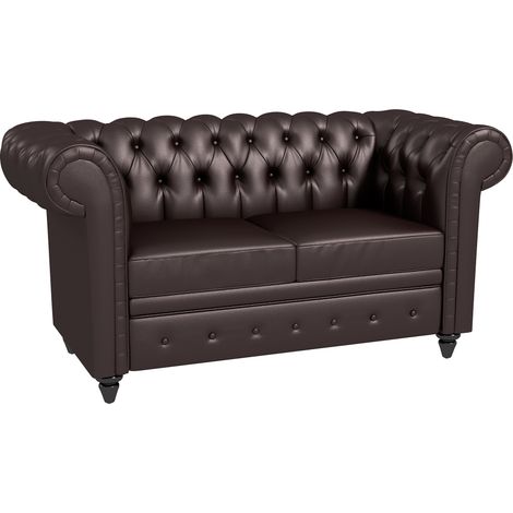 Divano 2 Posti stile Chesterfield con Cuscino Rimovibile, in Ecopelle, Legno e Metallo, 160x84x80 cm, Marrone