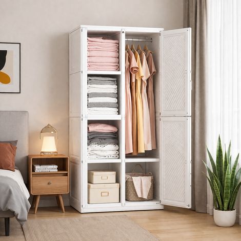 Armoire pliante portative 6 portes 69x50x136 cm, 4 étagères réglables + 1 tringle à vêtements, matériau PP résistant, blanc, pour chambre et dressing (1/5)