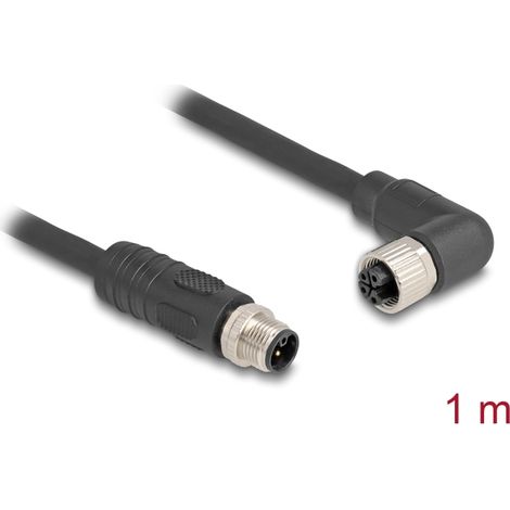 Delock Cable M12 codificado en L de 4 clavijas macho recto a hembra acodado PUR apto para cadenas de arrastre 1 m negro