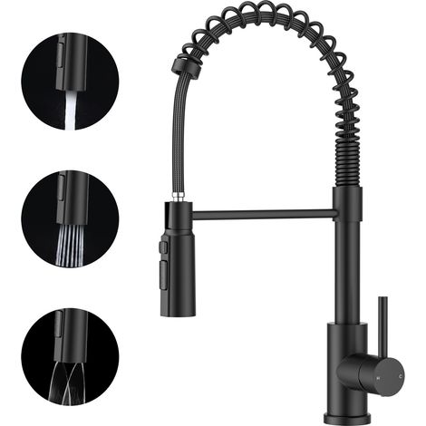 Robinet Cuisine, Robinet Evier Extensible, Mitigeur Cuisine à Poignée Unique avec 3 Modes, Robinet D'évier à Ressort Rotatif à 360°, Noir Mat (1/5)